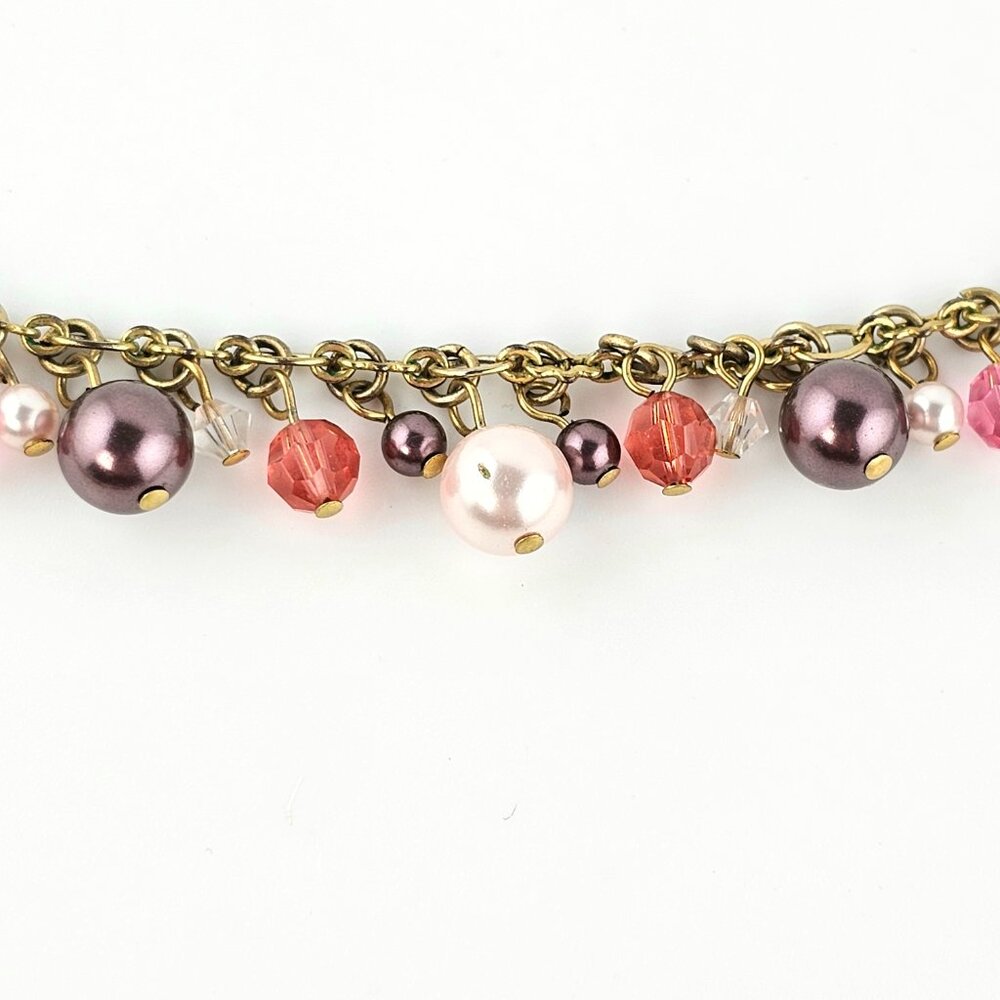 Faux Pearl Charm Necklace Gold Tone Double Clasp Multicolor Beaded - Picture 9 of 10